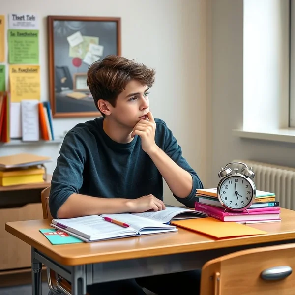 Een student die notities doorneemt aan een bureau before the test