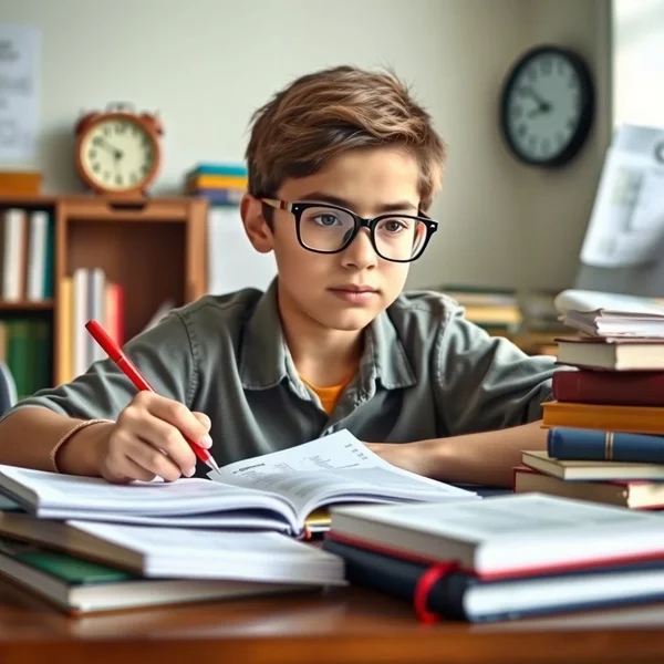 A student reviewing notes at a desk before the test