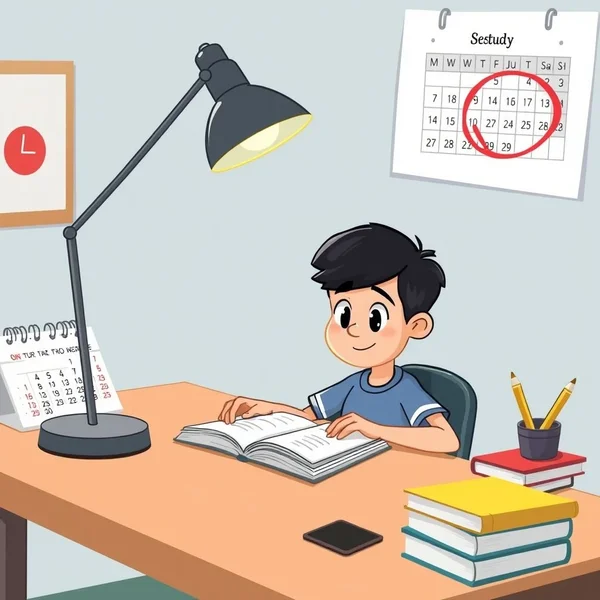 A student reviewing notes at a desk before the test