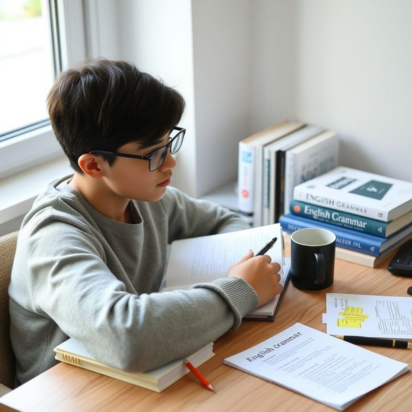 A student reviewing notes at a desk before the test