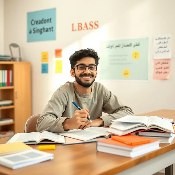 A student reviewing notes at a desk before the test