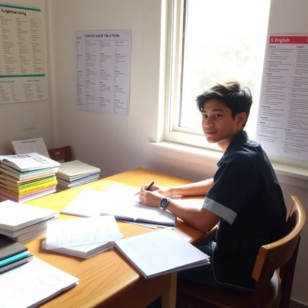 A student reviewing notes at a desk before the test