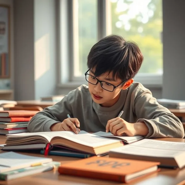 A student reviewing notes at a desk before the test