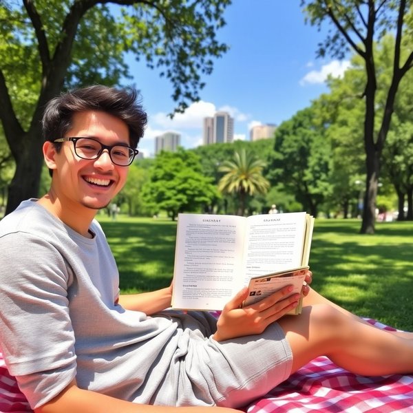 A person reading a book in a park during the weekend