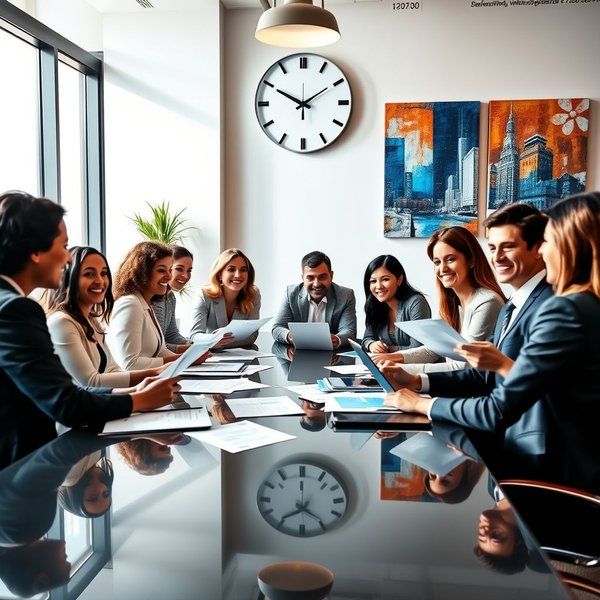 Geschäftsleute unterhalten sich in einem Büro, nachdem die Besprechung beendet ist.