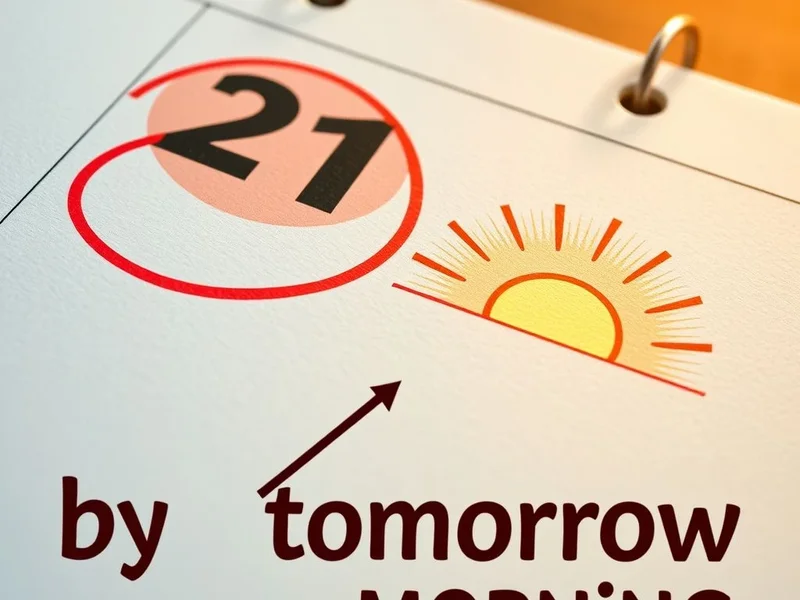 Bir tarihin daire içine alındığı bir takvim ve sabaha işaret eden bir ok, "by tomorrow morning" için son teslim tarihini gösteriyor