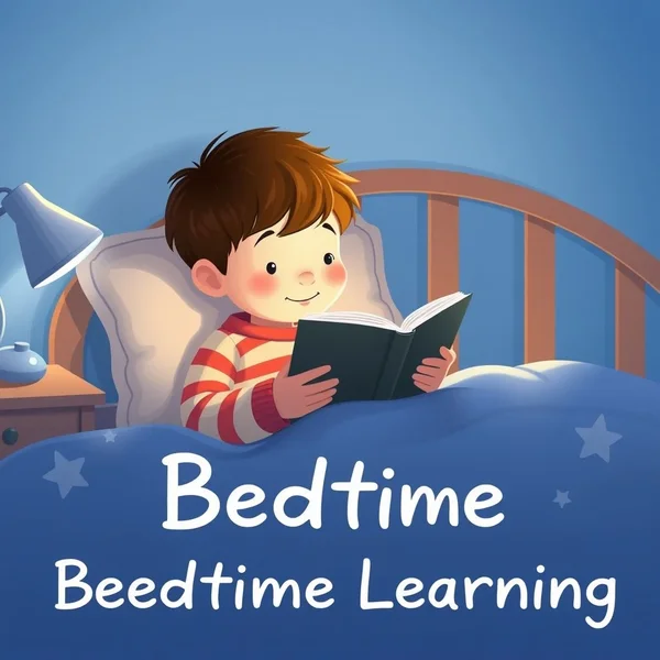 A child reading a book in bed at bedtime
