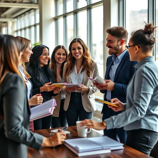 Profesionales de negocios conversando en una oficina después de que la reunión ha concluido.