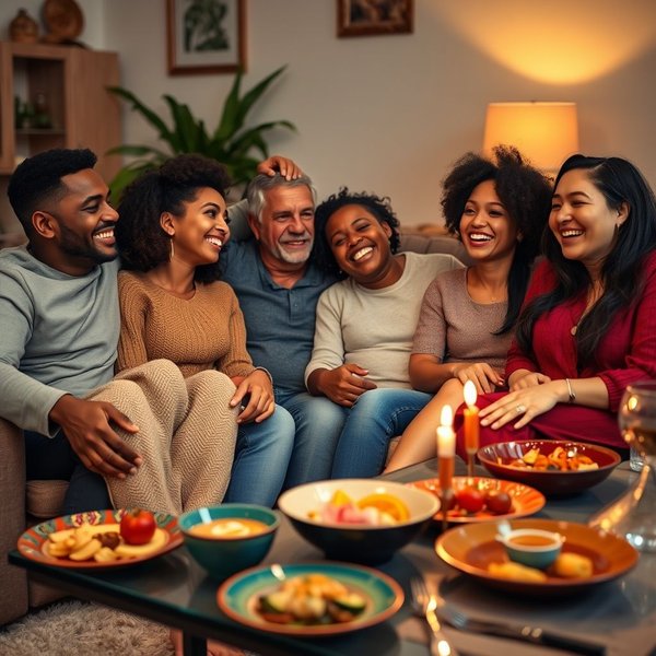 Una familia hablando y relajándose en el sofá after dinner