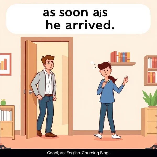 Uma imagem mostrando uma pessoa chegando e outra ação acontecendo imediatamente, ilustrando "as soon as he arrived"