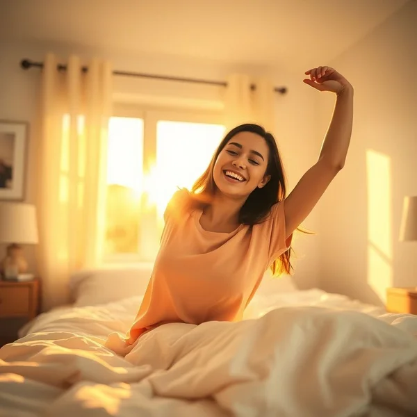 Mujer despertando al amanecer, ilustrando la frase "at the crack of dawn"
