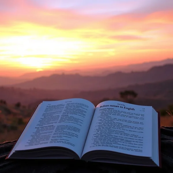 Uma imagem de um belo pôr do sol com o texto "How to use 'before sunset' in English"