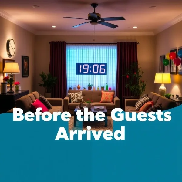 A tidy living room prepared for a party, with the title "Before the Guests Arrived" overlaid