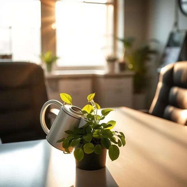 Um escritório silencioso com uma planta sendo regada, significando cuidado during their absence