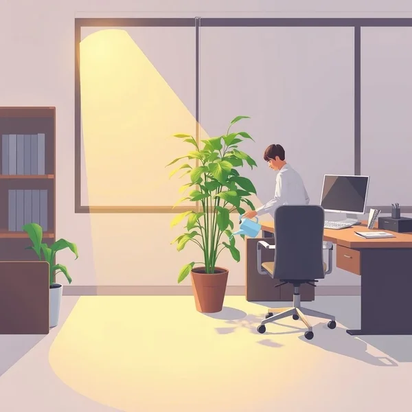 Una oficina tranquila con una planta siendo regada, lo que significa cuidado during their absence