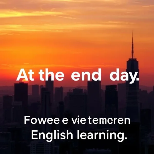 Un atardecer sobre el horizonte de una ciudad con el texto "At the end of the day" superpuesto