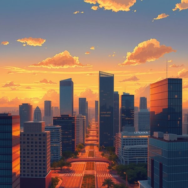 Un horizonte de la ciudad al atardecer para ilustrar la frase in the evening