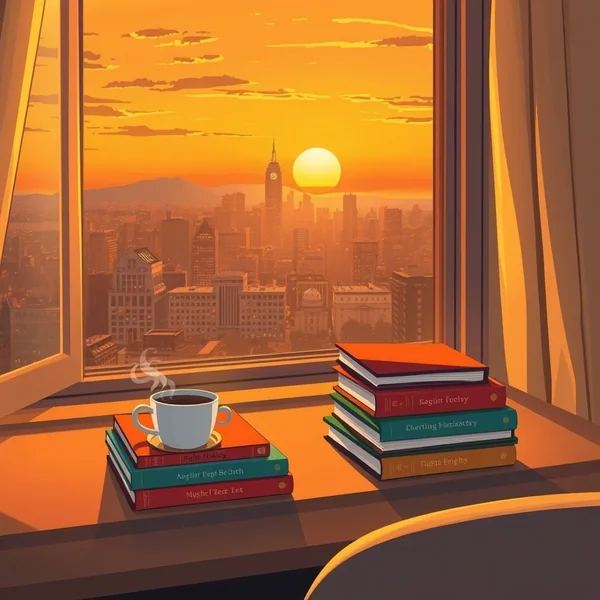 A city skyline at sunset to illustrate the phrase in the evening