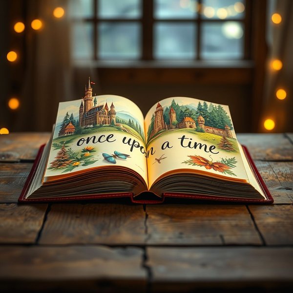 Um livro de histórias com a frase once upon a time escrita na página