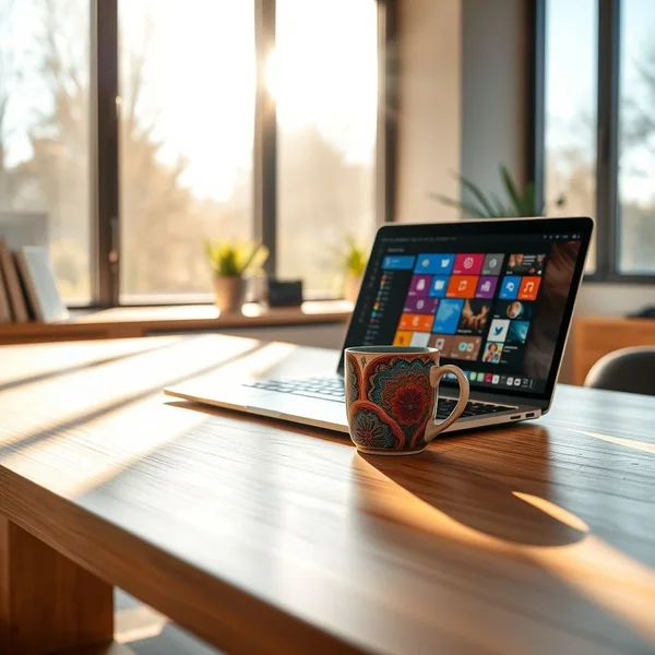Una taza de café sobre un escritorio junto a una laptop, ilustrando un día laboral que comenzó "since this morning"