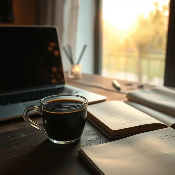 Uma xícara de café sobre uma mesa ao lado de um laptop, ilustrando um dia de trabalho que começou "since this morning"