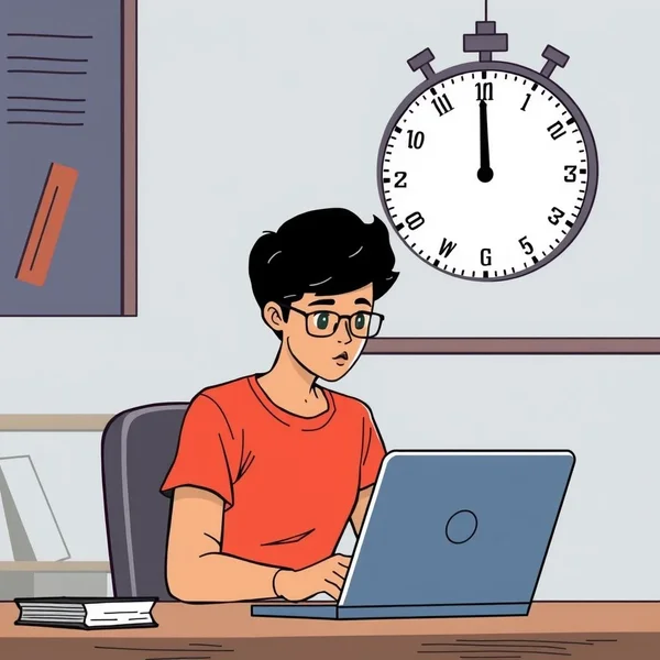A person working on a laptop with a clock behind them, showing they are working until the last moment