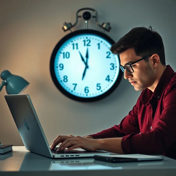 Uma pessoa trabalhando em um laptop com um relógio atrás, mostrando que está trabalhando until the last moment