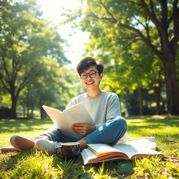 A person reading a book in a park during the weekend