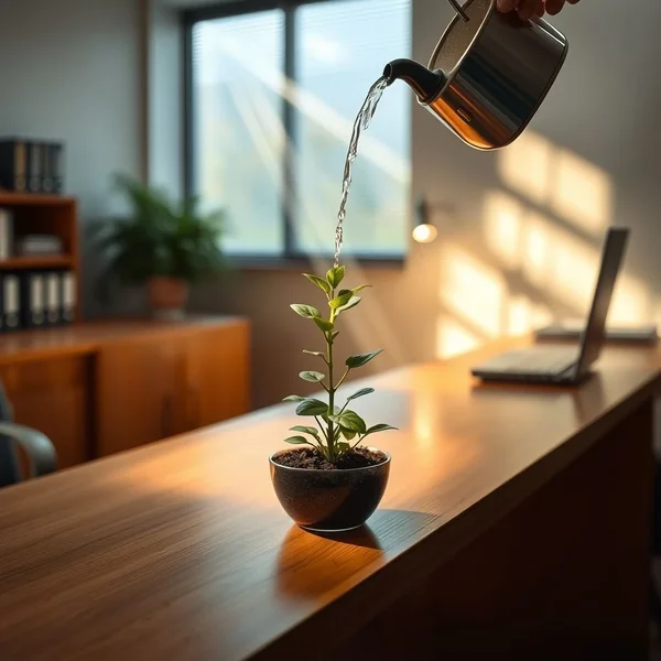 Bir çiçeği sulanan sessiz bir ofis, during their absence kavramının önemini simgeliyor