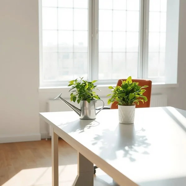 A quiet office with a plant being watered, signifying care during their absence