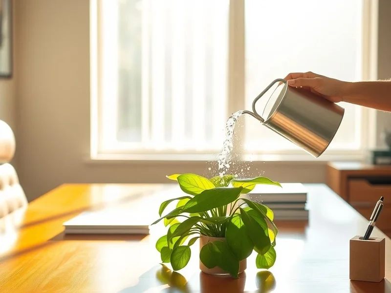 Een rustig kantoor met een plant die wordt bewaterd, wat zorg aangeeft tijdens hun afwezigheid