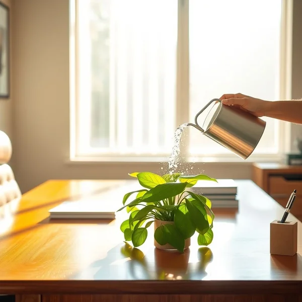 Een rustig kantoor met een plant die wordt bewaterd, wat zorg aangeeft tijdens hun afwezigheid