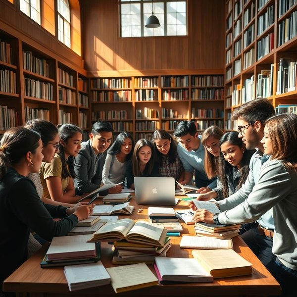 Students studying with books during exam season in a library