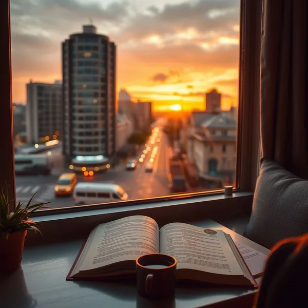 Akşam vakti bir şehir silueti, "in the evening" ifadesini göstermek için