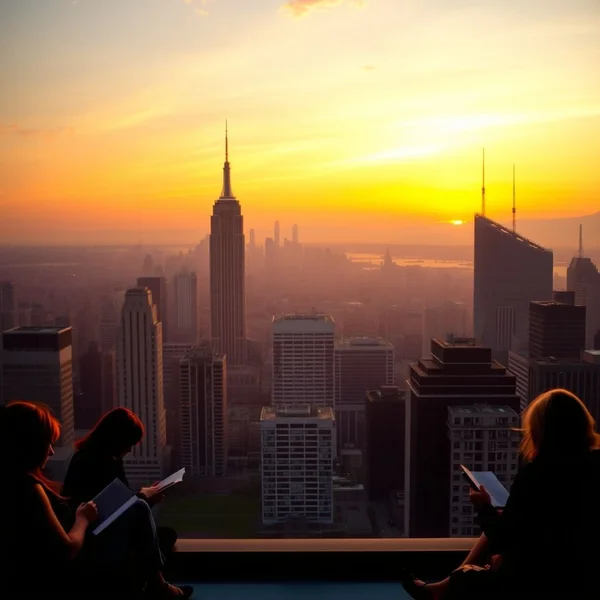 A city skyline at sunset to illustrate the phrase in the evening