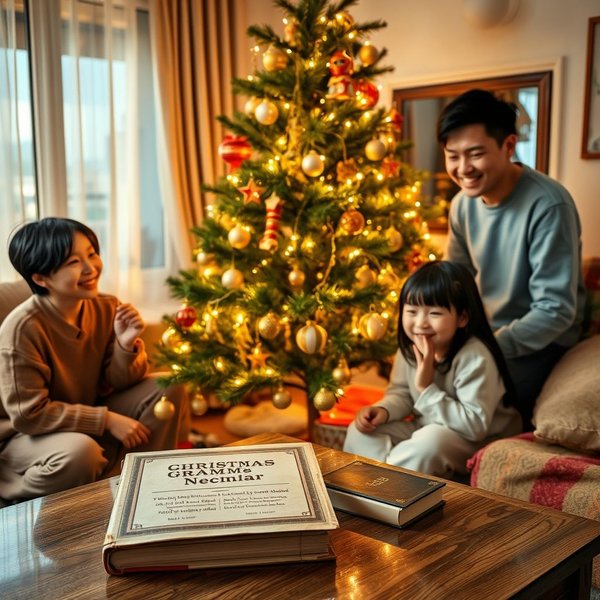 Một gia đình trang trí cây thông at Christmas