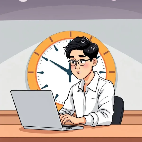 A person working on a laptop with a clock behind them, showing they are working until the last moment