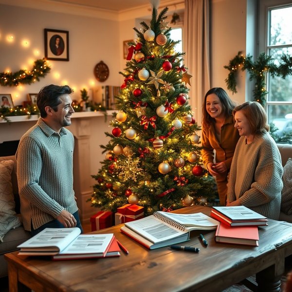 Une famille décore un sapin at Christmas