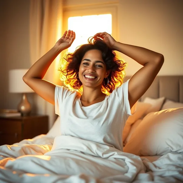 Femme se réveillant au lever du soleil, illustrant l’expression "at the crack of dawn"
