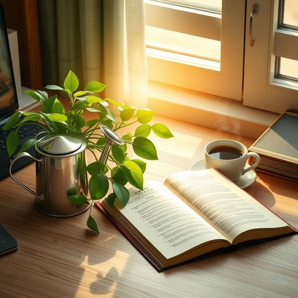 Un bureau silencieux avec une plante arrosée, signifiant de l’attention pendant leur absence