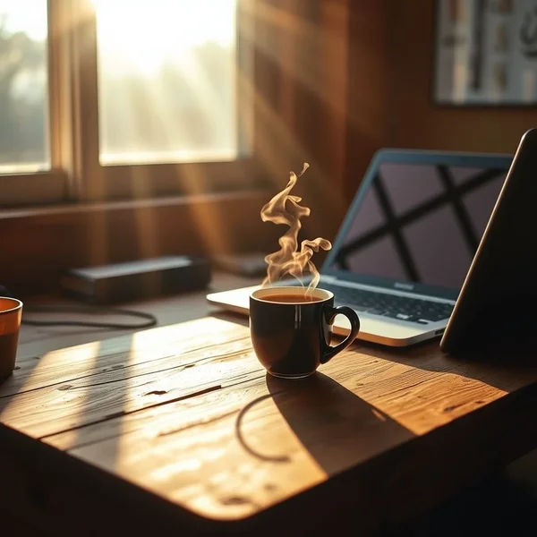 Une tasse de café sur un bureau à côté d’un ordinateur portable, illustrant une journée de travail qui a commencé « since this morning »