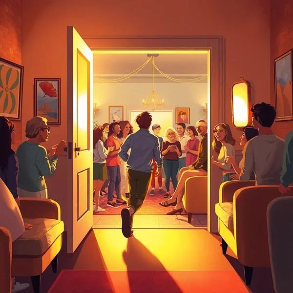 An image showing a person arriving and another action happening immediately, illustrating "as soon as he arrived"
