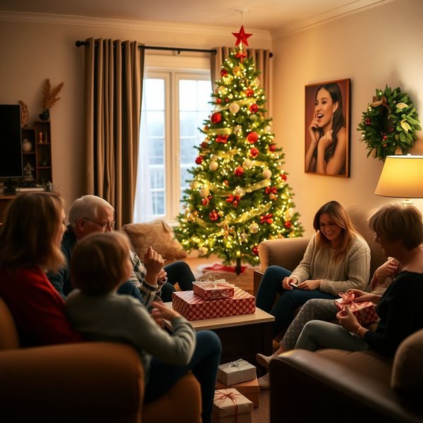 A family decorating a tree at Christmas