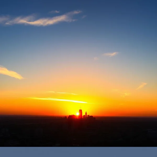 A sunset over a city skyline with the text "At the end of the day" superimposed