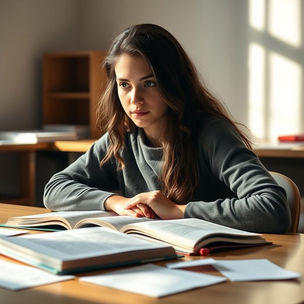 A student reviewing notes at a desk before the test