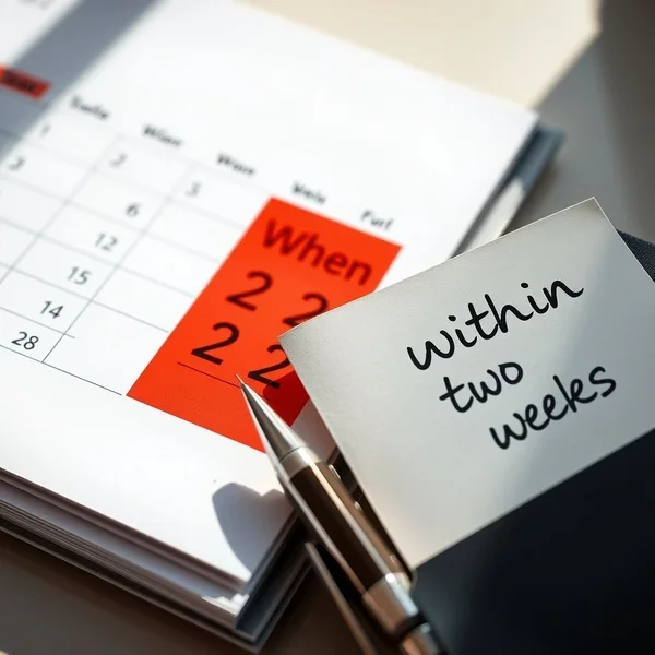 A calendar with a two-week period highlighted to show the meaning of within two weeks
