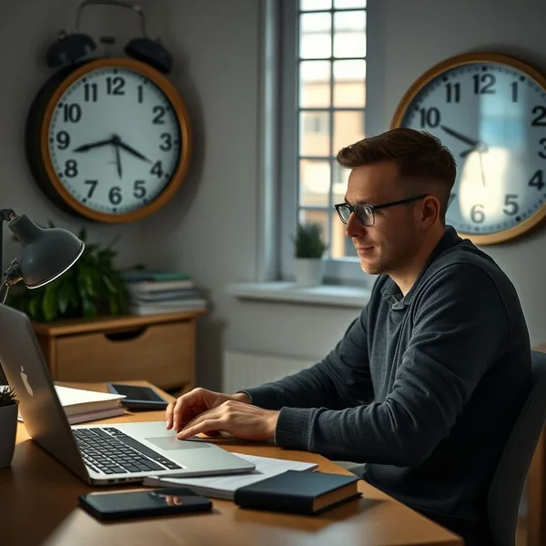 A person working on a laptop with a clock behind them, showing they are working until the last moment