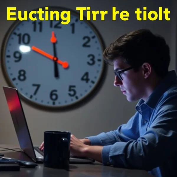 Eine Person arbeitet an einem Laptop mit einer Uhr im Hintergrund, die zeigt, dass sie until the last moment arbeitet