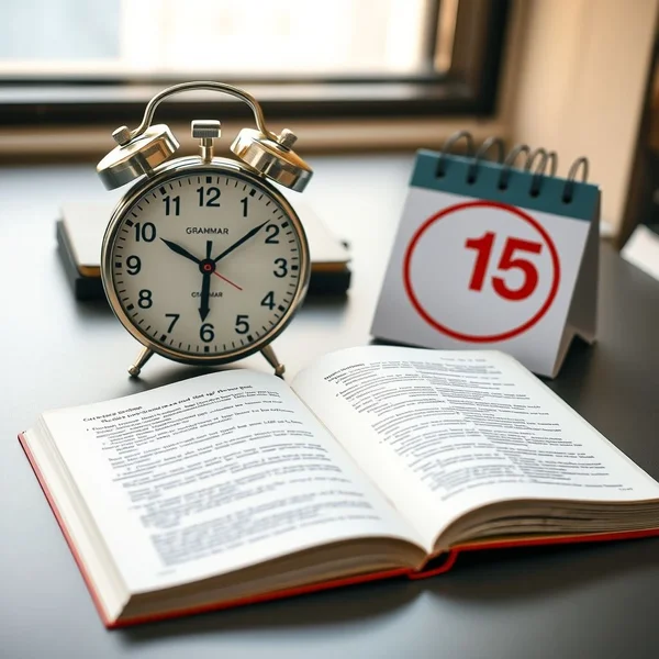Sebuah jam dan kalender yang menunjukkan batas waktu untuk menjelaskan frasa by that time