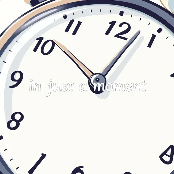 Sebuah jam dengan jarum yang bergerak cepat untuk menunjukkan arti "in just a moment"